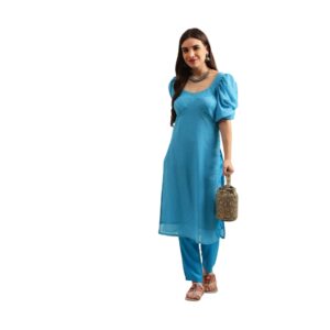 Bedazzle Women's Cerulean Blue Textured Kurta Set with Straight Pants | Elegant Puff Sleeve Ethnic Suit with Sweetheart Neckline | Soft & Breathable Cotton Blend  for Festive & Party Wear