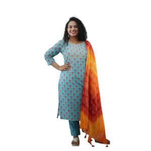 Bedazzle Women's Teal Blue Printed Kurta Set with Bandhani Dupatta & Pants | Elegant Embroidered Neck 3-Piece Ethnic Suit | Soft & Breathable Cotton Blend Regular Fit for Festive & Wedding Wear