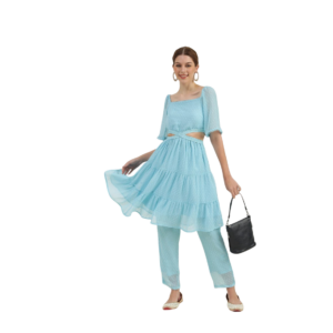 Bedazzle Women's Light Blue Georgette Tiered Indo-Western Co-ord Set | Stylish Cut-Out Waist Tiered Kurta with Matching Pants | Elegant Party & Festive Wear Set | Soft & Breathable Regular Fit